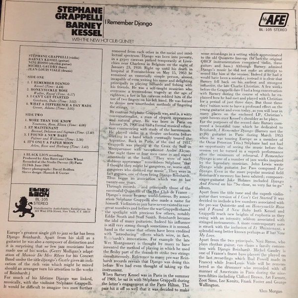 Stéphane Grappelli / Barney Kessel - I Remember Django (LP, Album) (Very Good Plus (VG+)) - Image 2