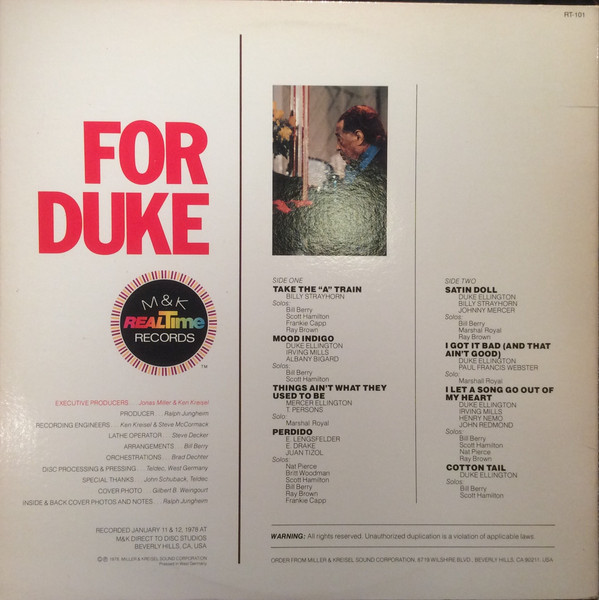 Bill Berry And His Ellington All-Stars* - For Duke (LP, Album, Ltd, Gat) (Very Good Plus (VG+)) - Image 2