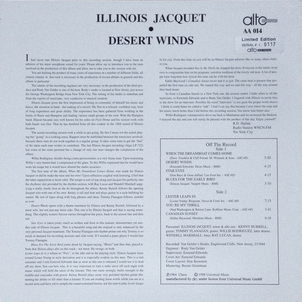 Illinois Jacquet - Desert Winds (LP, Album, Ltd, Num, 180) (Near Mint (NM or M-)) - Image 2