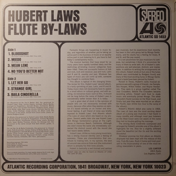 Hubert Laws - Flute By-Laws (LP, Album, RP, PR ) (Very Good (VG)) - Image 2