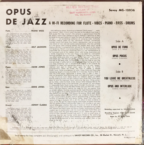 Milt Jackson, Frank Wess, Kenny Clarke, Hank Jones, Eddie Jones - Opus De Jazz (LP, Album, Mono) (Very Good (VG)) - Image 2