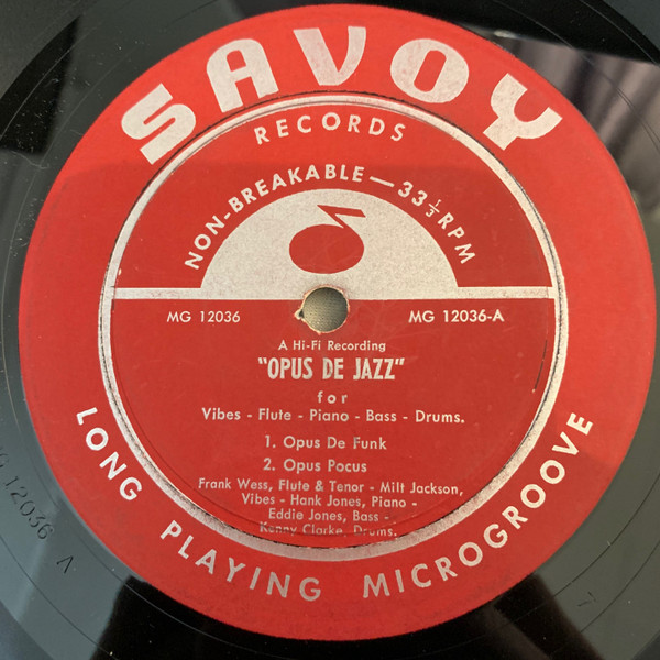 Milt Jackson, Frank Wess, Kenny Clarke, Hank Jones, Eddie Jones - Opus De Jazz (LP, Album, Mono) (Very Good (VG)) - Image 3