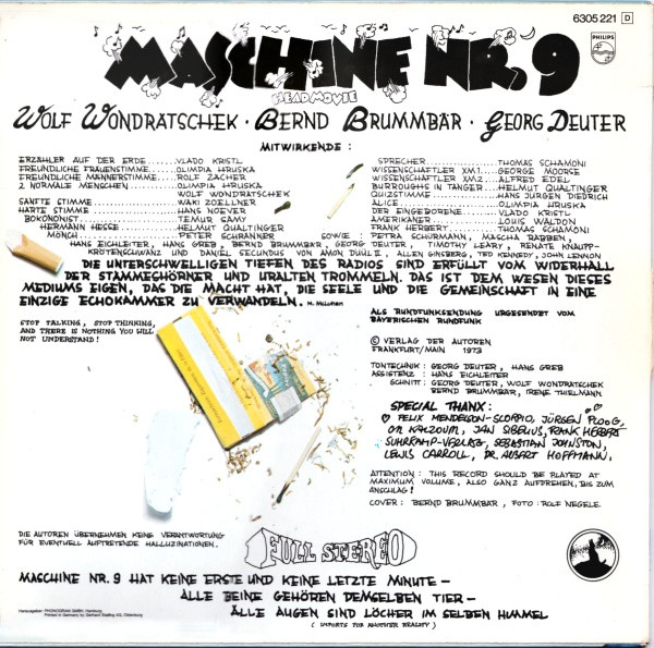 Wolf Wondratschek · Bernd Brummbär · Georg Deuter* - Maschine Nr. 9 (Headmovie) (LP, Album) (Very Good Plus (VG+)) - Image 2