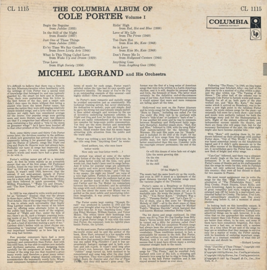 Michel Legrand And His Orchestra* - The Columbia Album Of Cole Porter, Volume 1 (LP, Album, Mono) (Very Good (VG)) - Image 2