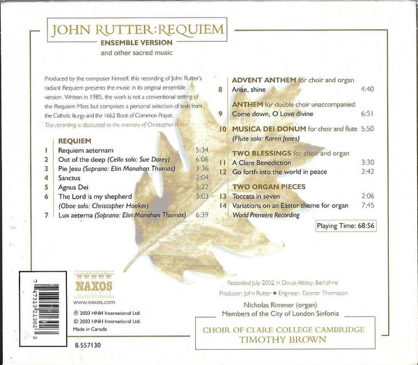 John Rutter – The Choir Of Clare College, Timothy Brown (3) - Requiem And Other Sacred Music (CD, Album) (Near Mint (NM or M-)) - Image 2