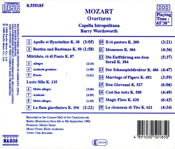 Wolfgang Amadeus Mozart - Capella Istropolitana, Barry Wordsworth - Overtures (CD, Album) (Near Mint (NM or M-)) - Image 2