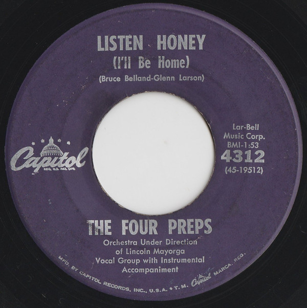 The Four Preps - Down By The Station / Listen Honey (I'll Be Home) (7", Single, Scr) (Near Mint (NM or M-)) - Image 2