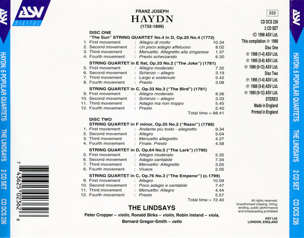 Joseph Haydn, The Lindsays - Six Popular String Quartets (2xCD, Comp) (Mint (M)) - Image 3