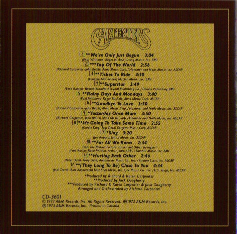 Carpenters - The Singles 1969-1973 (CD, Album, Comp, RE) (Mint (M)) - Image 2