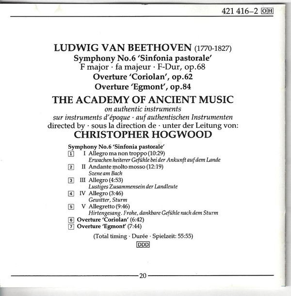 Beethoven* — The Academy Of Ancient Music, Christopher Hogwood - Symphony No. 6 • Coriolan • Egmont (CD, Album) (Near Mint (NM or M-)) - Image 2