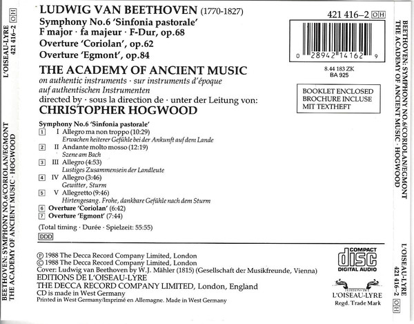Beethoven* — The Academy Of Ancient Music, Christopher Hogwood - Symphony No. 6 • Coriolan • Egmont (CD, Album) (Near Mint (NM or M-)) - Image 3