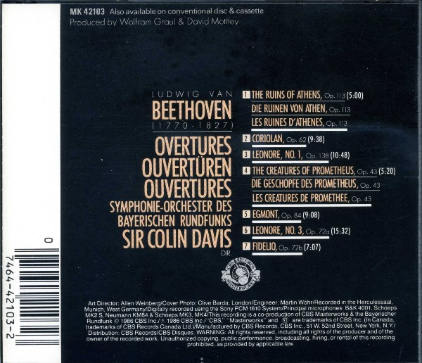 Beethoven*, Sir Colin Davis, Symphonie-Orchester Des Bayerischen Rundfunks - Overtures (CD) (Near Mint (NM or M-)) - Image 2
