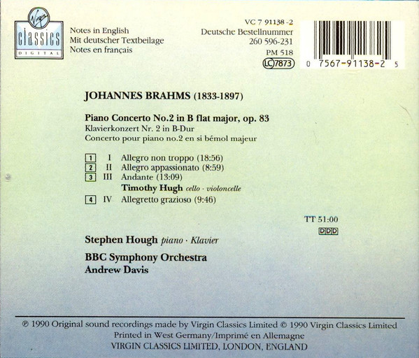 Brahms* - Stephen Hough, BBC Symphony Orchestra, Andrew Davis - Piano Concerto No. 2 (CD) (Near Mint (NM or M-)) - Image 2