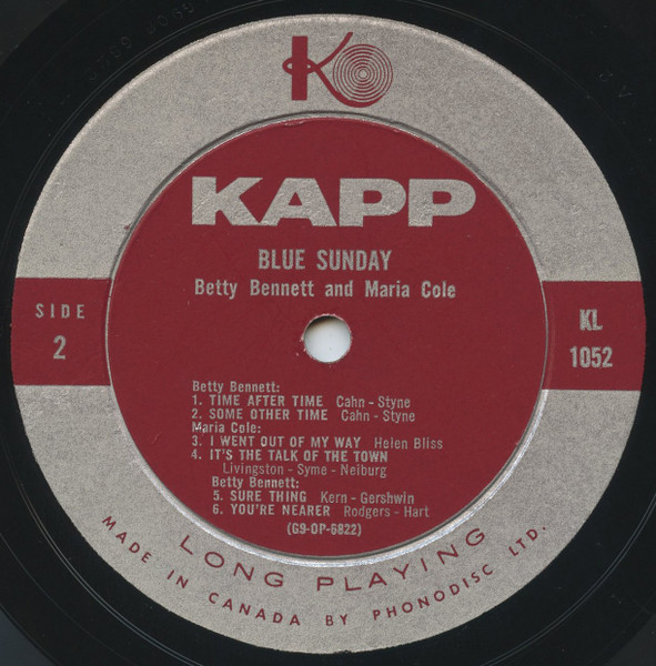 Betty Bennett, Maria Cole - Blue Sunday (LP, Comp) (Very Good (VG)) - Image 3