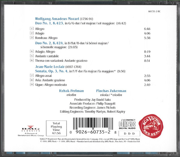 Itzhak Perlman, Pinchas Zukerman : Mozart* / Leclair* - Duos For Violin & Viola / Sonata For 2 Violins (CD, Album) (Near Mint (NM or M-)) - Image 2