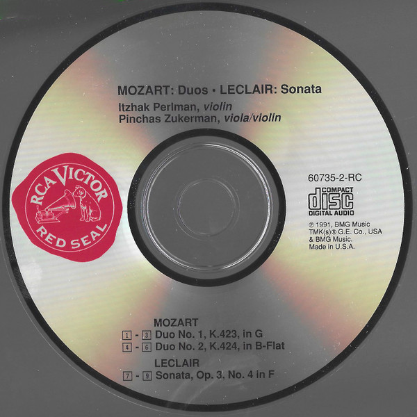 Itzhak Perlman, Pinchas Zukerman : Mozart* / Leclair* - Duos For Violin & Viola / Sonata For 2 Violins (CD, Album) (Near Mint (NM or M-)) - Image 3