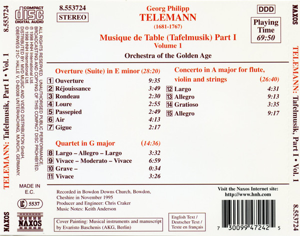 Georg Philipp Telemann - Orchestra Of The Golden Age - Musique De Table (Tafelmusik) Part I • Volume 1 (CD, Album) (Near Mint (NM or M-)) - Image 2