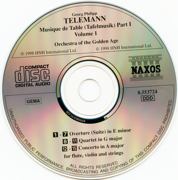 Georg Philipp Telemann - Orchestra Of The Golden Age - Musique De Table (Tafelmusik) Part I • Volume 1 (CD, Album) (Near Mint (NM or M-)) - Image 3