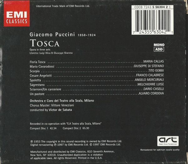 Giacomo Puccini – Maria Callas, Giuseppe Di Stefano, Tito Gobbi, Orchestra Del Teatro Alla Scala E Coro Del Teatro Alla Scala, Victor De Sabata - Tosca (2xCD, Album, Mono, RE, RM + Box, Sli) (Near Mint (NM or M-)) - Image 2