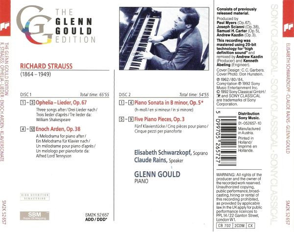 Glenn Gould, Richard Strauss, Elisabeth Schwarzkopf, Claude Rains - Ophelia-Lieder, Op. 67; Enoch Arden, Op. 38; Piano Sonata, Op. 5; 5 Piano Pieces, Op. 3 (2xCD, Comp, RM) (Near Mint (NM or M-)) - Image 2