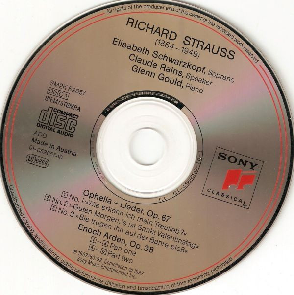 Glenn Gould, Richard Strauss, Elisabeth Schwarzkopf, Claude Rains - Ophelia-Lieder, Op. 67; Enoch Arden, Op. 38; Piano Sonata, Op. 5; 5 Piano Pieces, Op. 3 (2xCD, Comp, RM) (Near Mint (NM or M-)) - Image 3