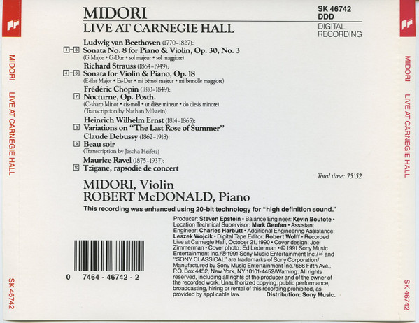 Midori*, Robert McDonald - Live At Carnegie Hall (CD, Album, DAD) (Near Mint (NM or M-)) - Image 2