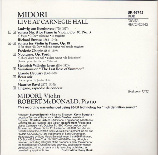 Midori*, Robert McDonald - Live At Carnegie Hall (CD, Album, DAD) (Near Mint (NM or M-)) - Image 4