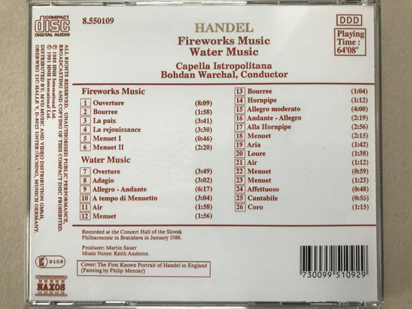 Handel* - Capella Istropolitana, Bohdan Warchal - Fireworks Music / Water Music (CD, Album, RP) (Near Mint (NM or M-)) - Image 2