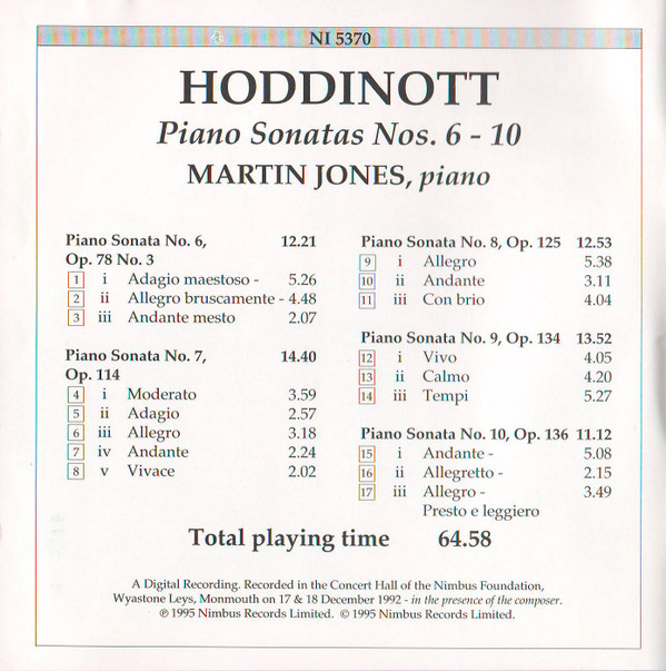 Hoddinott* / Martin Jones (3) - Piano Sonatas 6-10 (CD, Album, Amb) (Near Mint (NM or M-)) - Image 5