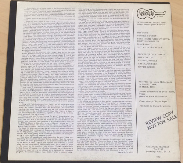 Robert Shaw (5) - Texas Barrelhouse Piano (LP, Promo) (Very Good Plus (VG+)) - Image 4