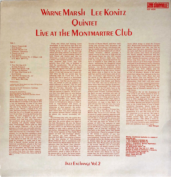 Warne Marsh Lee Konitz Quintet - Live At The Montmartre Club - Jazz Exchange Vol. 2 (LP, Album, RE) (Very Good Plus (VG+)) - Image 2