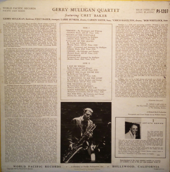 Gerry Mulligan Quartet Featuring Chet Baker - Gerry Mulligan Quartet (LP, Album, Mono, RE) (Very Good Plus (VG+)) - Image 2