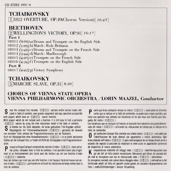 Pyotr Ilyich Tchaikovsky, Ludwig van Beethoven, Lorin Maazel, Wiener Philharmoniker, Wiener Staatsopernchor - 1812 Overture - Marche Slave - Wellington's Victory (CD, Album, Pre) (Near Mint (NM or M-)) - Image 4