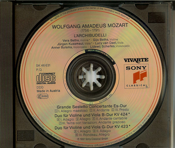 Mozart*, L'Archibudelli, Vera* & Gijs Beths, Kussmaul*, van Dael*, Bylsma*, Scheifes* - Grande Sestetto Concertante After K.364, Duos K.423 & 424 (CD, Album) (Near Mint (NM or M-)) - Image 2