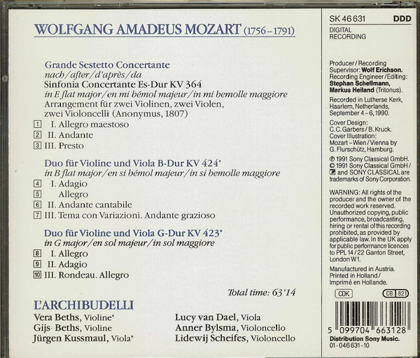 Mozart*, L'Archibudelli, Vera* & Gijs Beths, Kussmaul*, van Dael*, Bylsma*, Scheifes* - Grande Sestetto Concertante After K.364, Duos K.423 & 424 (CD, Album) (Near Mint (NM or M-)) - Image 3