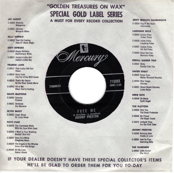 Johnny Preston - Free Me (7", Single) (Near Mint (NM or M-)) - Image 2
