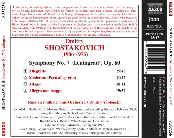 Dmitry Shostakovich*, Russian Philharmonic Orchestra, Dmitry Yablonsky - Symphony No. 7 'Leningrad' (CD) (Near Mint (NM or M-)) - Image 2