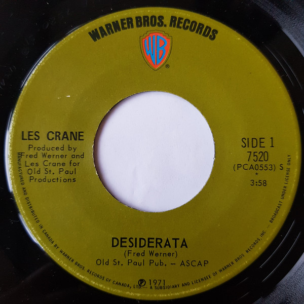 Les Crane - Desiderata / A Different Drummer (7", Single) (Very Good Plus (VG+))