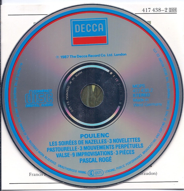 Francis Poulenc - Pascal Rogé - Les Soirées De Nazelles • 3 Mouvements Perpétuels • 3 Novelettes • 9 Improvisations (CD, Album) (Near Mint (NM or M-)) - Image 2