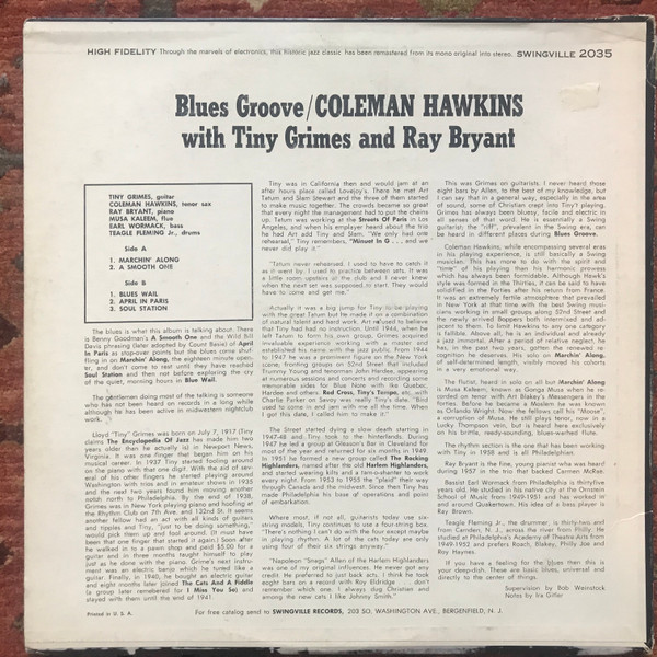 Coleman Hawkins - Blues Groove (LP, Album, Mono, RE) (Very Good Plus (VG+)) - Image 2