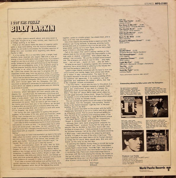 Billy Larkin - I Got The Feelin' (LP, Album) (Near Mint (NM or M-)) - Image 2
