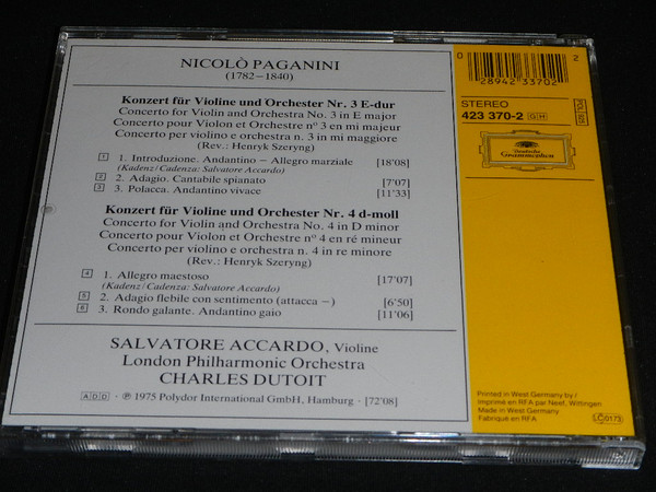 Niccolò Paganini / Salvatore Accardo, London Philharmonic Orchestra, Charles Dutoit - Violinkonzerte Nr. 3 & 4 (CD, Comp, RE) (Near Mint (NM or M-)) - Image 2