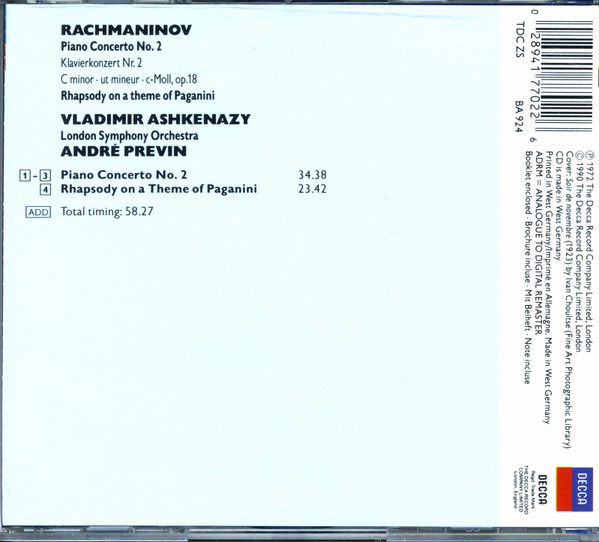 Sergei Vasilyevich Rachmaninoff, Vladimir Ashkenazy, London Symphony Orchestra, André Previn - Piano Concerto No. 2 • Rhapsody On A Theme Of Paganini (CD, RE, RM) (Near Mint (NM or M-)) - Image 2