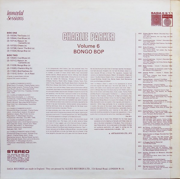 Charlie Parker - Volume 6: Bongo Bop (LP, Comp) (Very Good Plus (VG+)) - Image 2