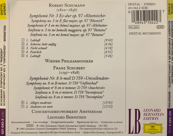 Schumann* / Schubert* - Wiener Philharmoniker, Concertgebouworkest, Leonard Bernstein - Symphonie No. 3 »Rheinische • Rhenish« / Symphonie No. 8 »Unvollendete Unfinished« (CD, Comp) (Near Mint (NM or M-)) - Image 2