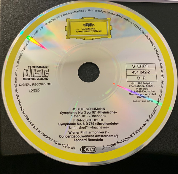 Schumann* / Schubert* - Wiener Philharmoniker, Concertgebouworkest, Leonard Bernstein - Symphonie No. 3 »Rheinische • Rhenish« / Symphonie No. 8 »Unvollendete Unfinished« (CD, Comp) (Near Mint (NM or M-)) - Image 3