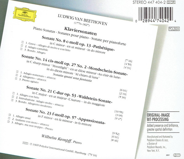 Ludwig van Beethoven - Wilhelm Kempff - Sonaten No. 8 »Pathétique« • No. 14 »Mondschein = Moonlight« • No. 21 »Waldstein« • No. 23 »Appassionata« (CD, Comp, RM, PMD) (Near Mint (NM or M-)) - Image 2