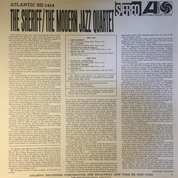 The Modern Jazz Quartet - The Sheriff (LP, Album, RE, RI) (Near Mint (NM or M-)) - Image 2
