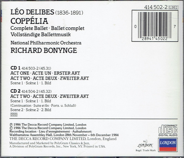Léo Delibes, National Philharmonic Orchestra, Richard Bonynge - Coppélia (2xCD, Album) (Near Mint (NM or M-)) - Image 2