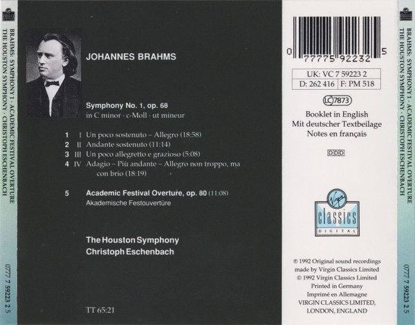 Brahms*, The Houston Symphony*, Christoph Eschenbach - Symphony No. 1 / Academic Festival Overture (CD) (Near Mint (NM or M-)) - Image 2